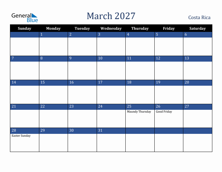 March 2027 Costa Rica Calendar (Sunday Start)