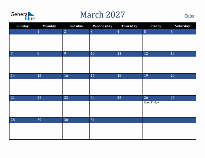 March 2027 Cuba Calendar (Sunday Start)