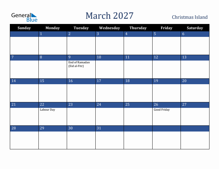 March 2027 Christmas Island Calendar (Sunday Start)