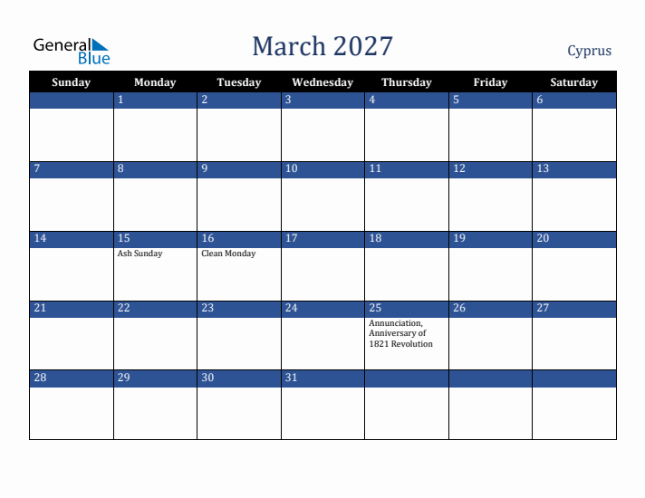 March 2027 Cyprus Calendar (Sunday Start)