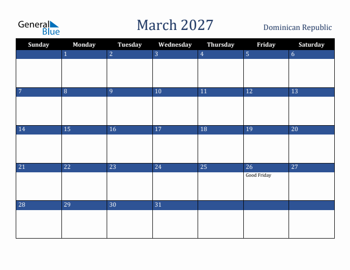 March 2027 Dominican Republic Calendar (Sunday Start)