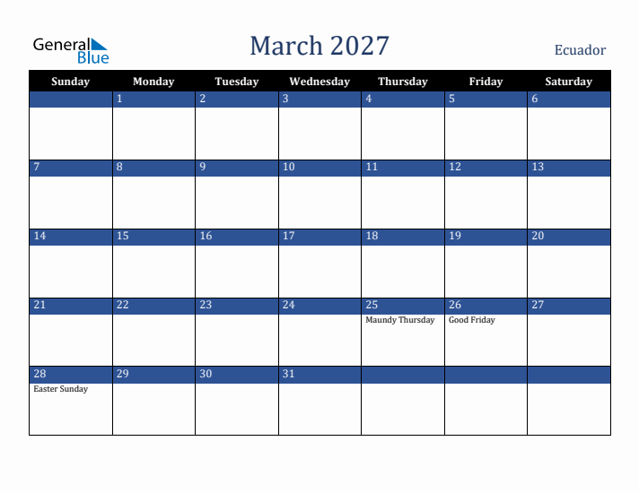 March 2027 Ecuador Calendar (Sunday Start)