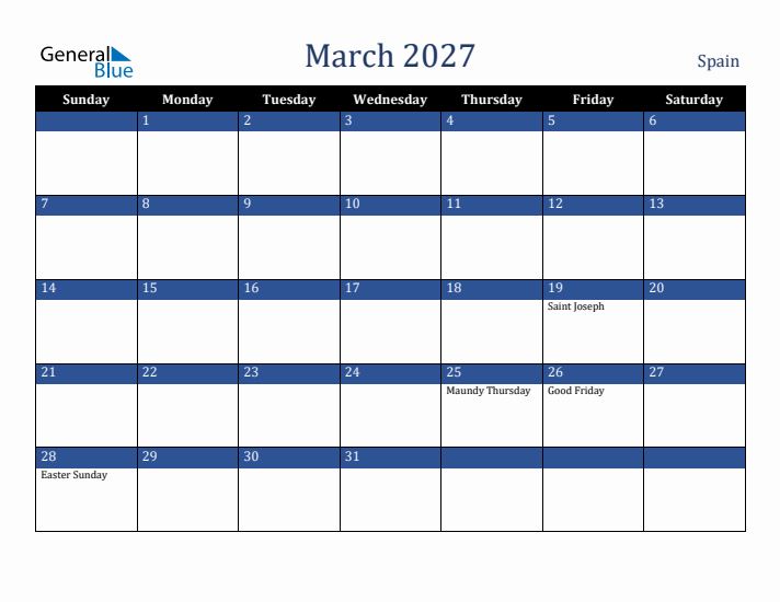 March 2027 Spain Calendar (Sunday Start)