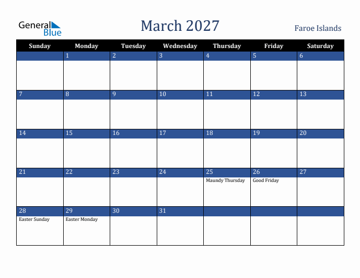 March 2027 Faroe Islands Calendar (Sunday Start)