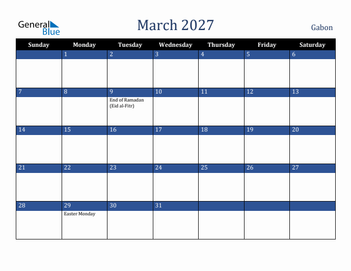 March 2027 Gabon Calendar (Sunday Start)