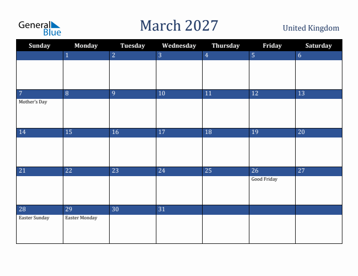 March 2027 United Kingdom Calendar (Sunday Start)