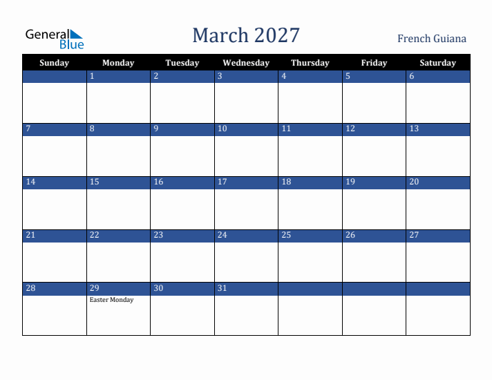 March 2027 French Guiana Calendar (Sunday Start)