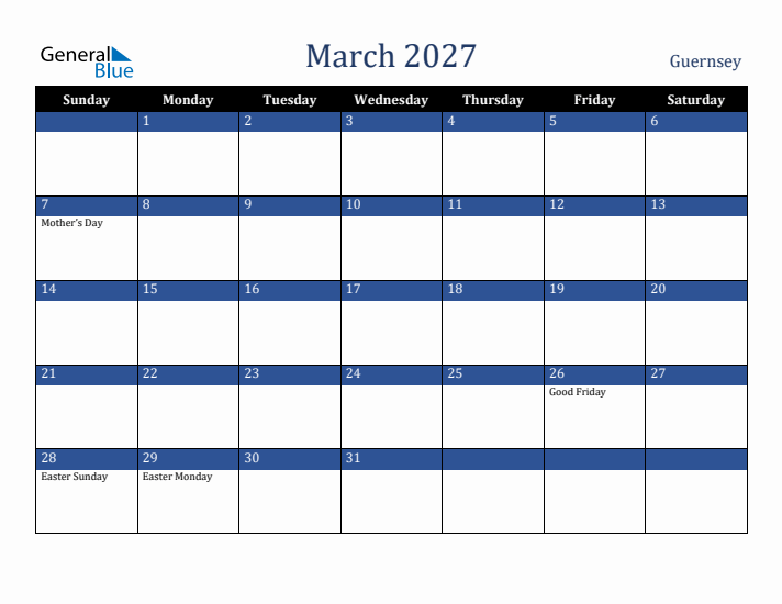 March 2027 Guernsey Calendar (Sunday Start)