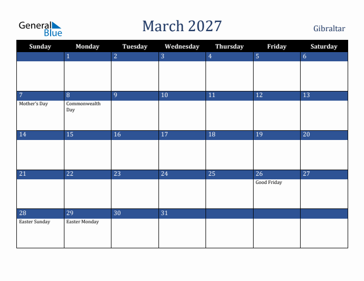 March 2027 Gibraltar Calendar (Sunday Start)