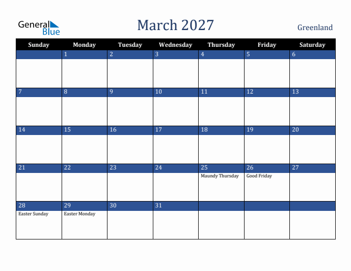 March 2027 Greenland Calendar (Sunday Start)