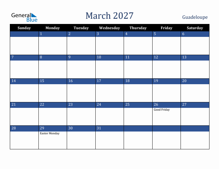 March 2027 Guadeloupe Calendar (Sunday Start)