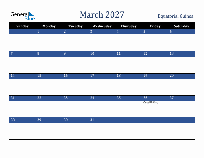 March 2027 Equatorial Guinea Calendar (Sunday Start)