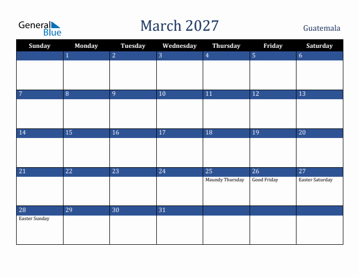 March 2027 Guatemala Calendar (Sunday Start)