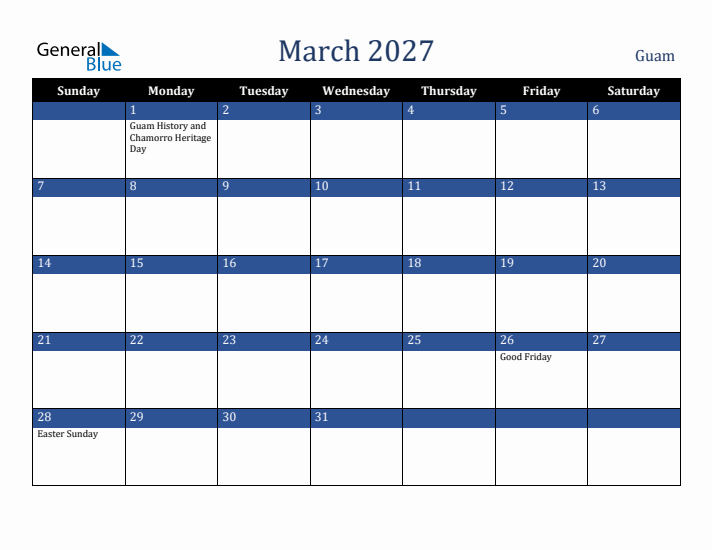 March 2027 Guam Calendar (Sunday Start)