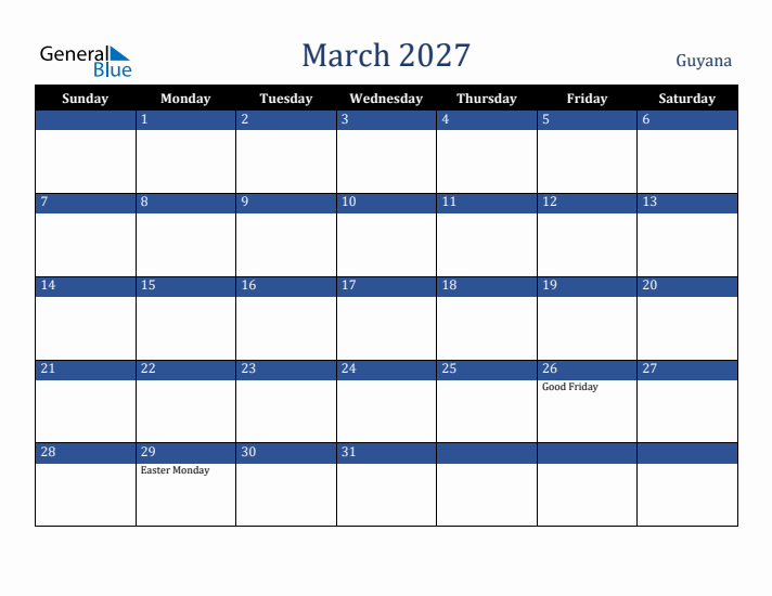 March 2027 Guyana Calendar (Sunday Start)