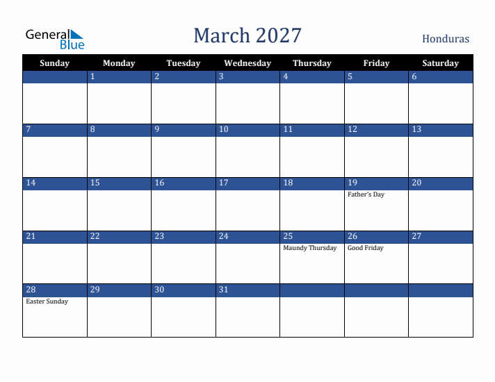 March 2027 Honduras Calendar (Sunday Start)