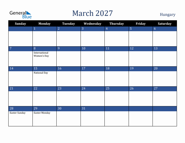 March 2027 Hungary Calendar (Sunday Start)