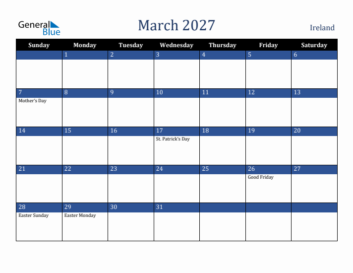 March 2027 Ireland Calendar (Sunday Start)
