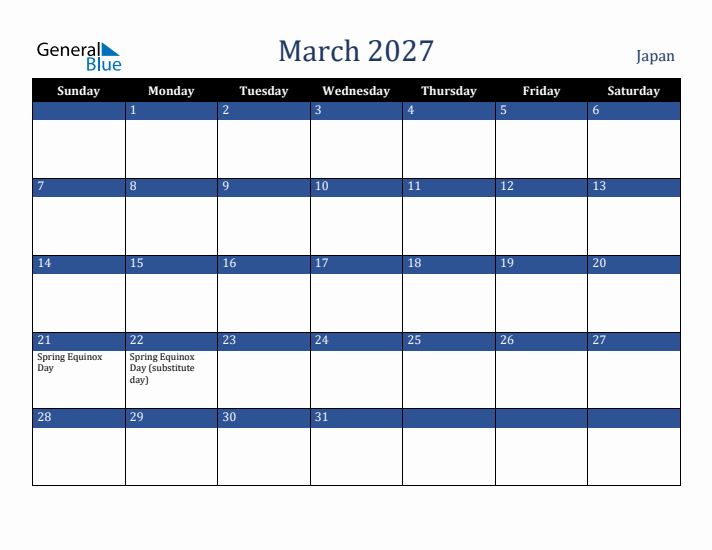 March 2027 Japan Calendar (Sunday Start)