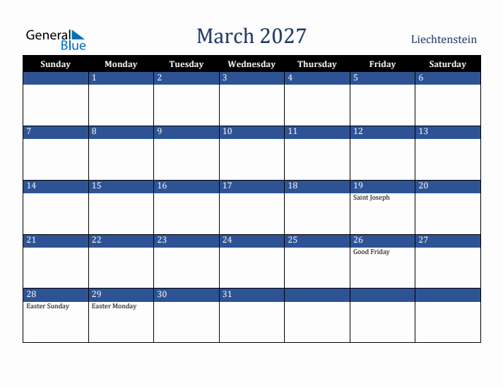 March 2027 Liechtenstein Calendar (Sunday Start)