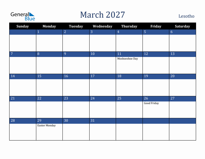 March 2027 Lesotho Calendar (Sunday Start)
