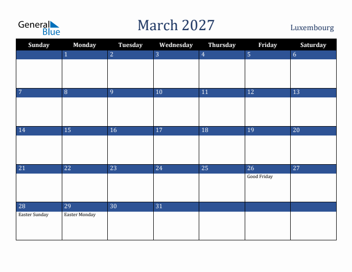 March 2027 Luxembourg Calendar (Sunday Start)