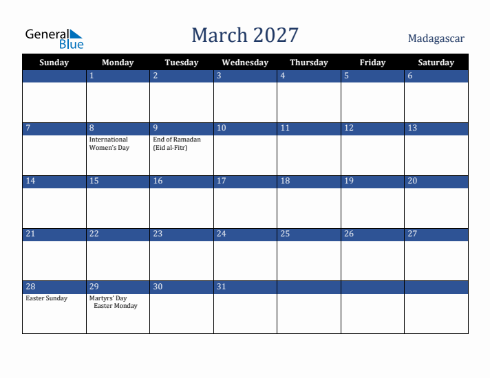 March 2027 Madagascar Calendar (Sunday Start)