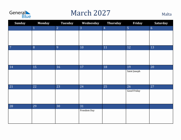 March 2027 Malta Calendar (Sunday Start)