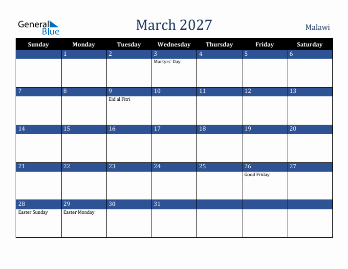 March 2027 Malawi Calendar (Sunday Start)