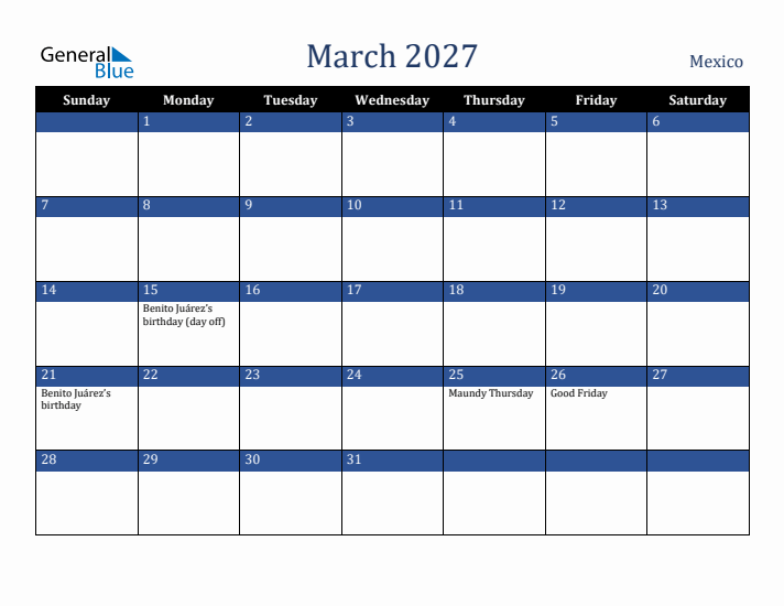 March 2027 Mexico Calendar (Sunday Start)