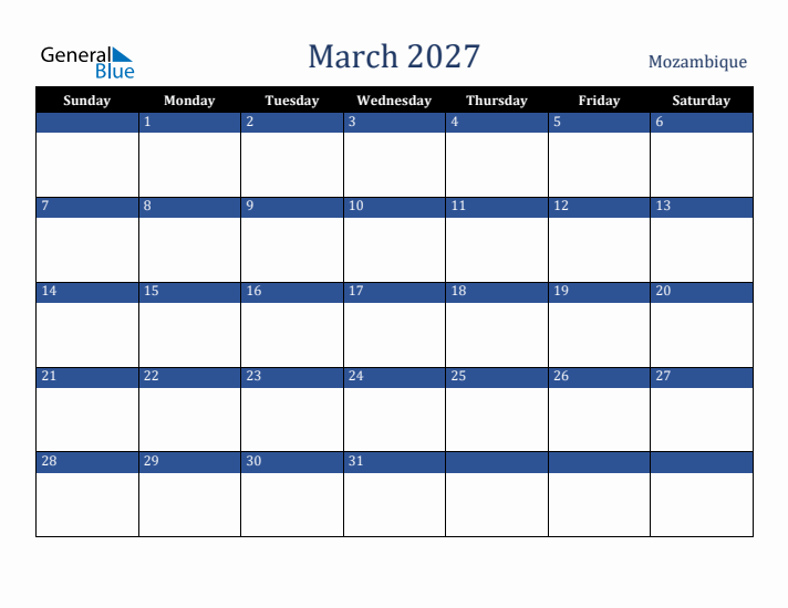 March 2027 Mozambique Calendar (Sunday Start)