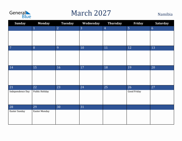 March 2027 Namibia Calendar (Sunday Start)