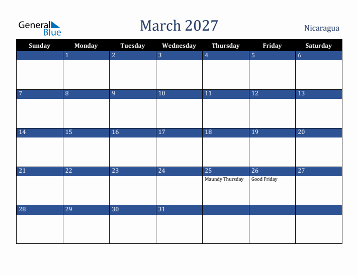 March 2027 Nicaragua Calendar (Sunday Start)