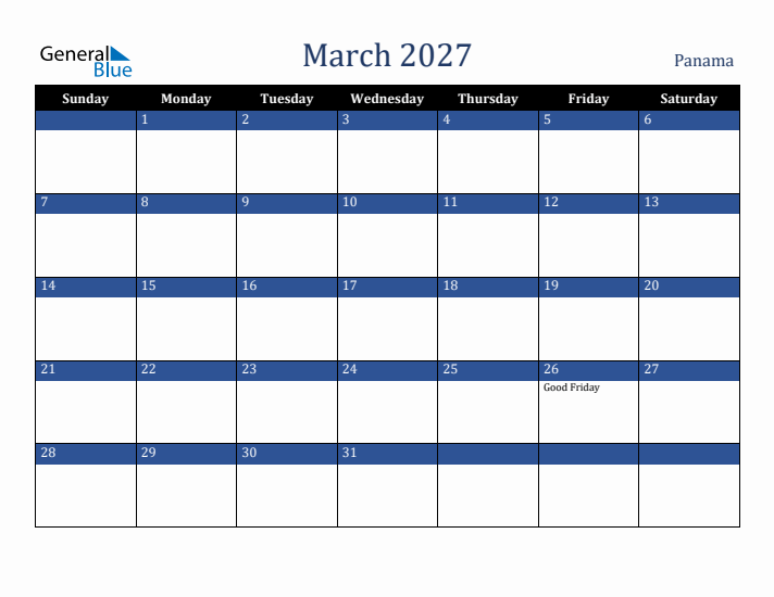 March 2027 Panama Calendar (Sunday Start)