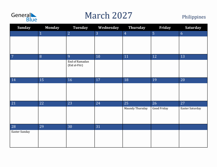 March 2027 Philippines Calendar (Sunday Start)