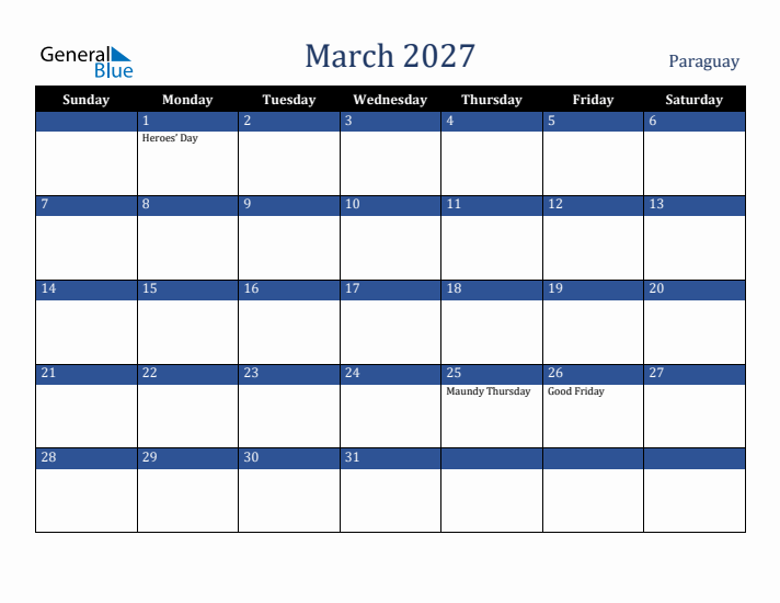 March 2027 Paraguay Calendar (Sunday Start)