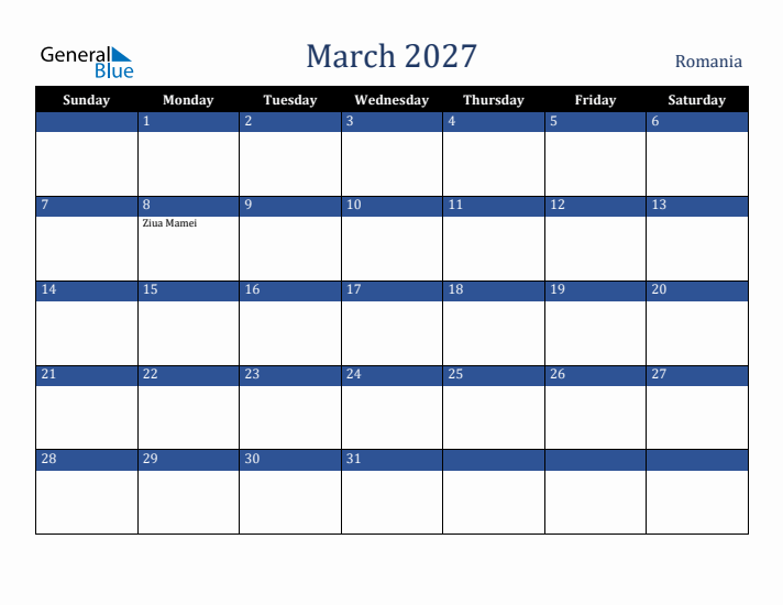 March 2027 Romania Calendar (Sunday Start)