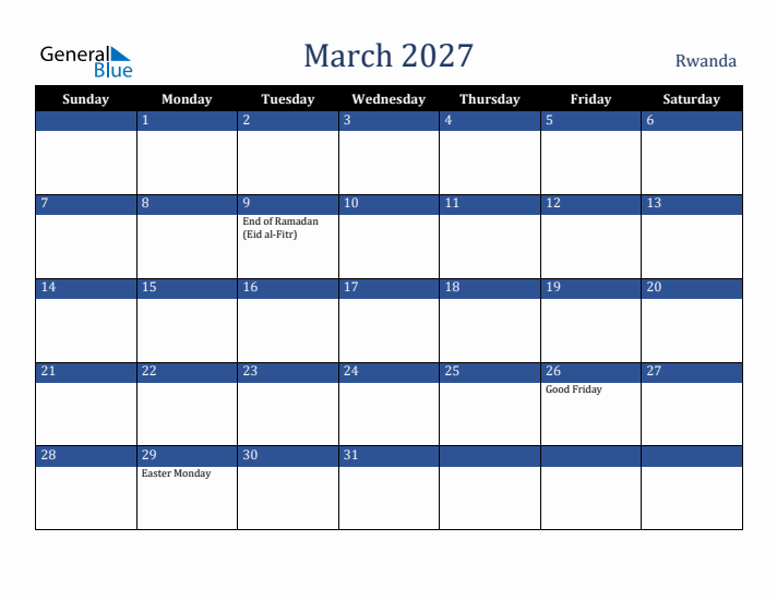 March 2027 Rwanda Calendar (Sunday Start)