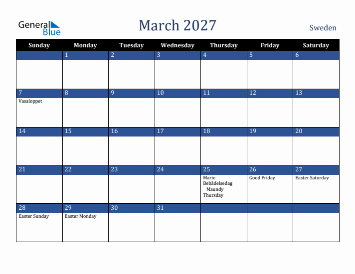 March 2027 Sweden Calendar (Sunday Start)
