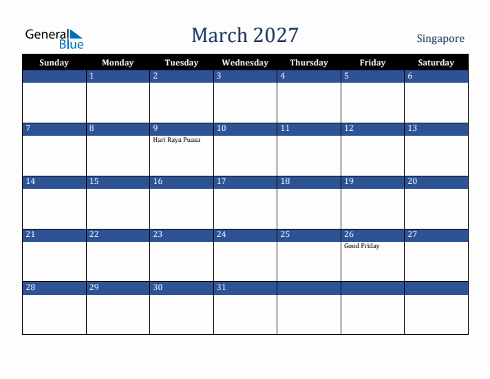 March 2027 Singapore Calendar (Sunday Start)