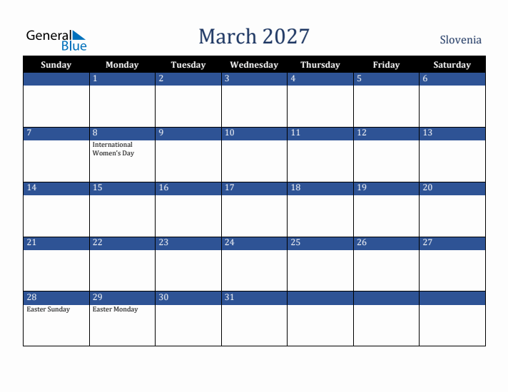 March 2027 Slovenia Calendar (Sunday Start)