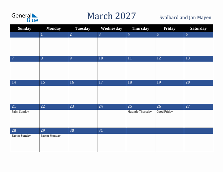 March 2027 Svalbard and Jan Mayen Calendar (Sunday Start)