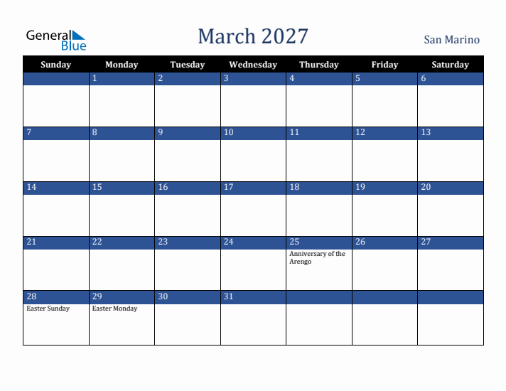 March 2027 San Marino Calendar (Sunday Start)