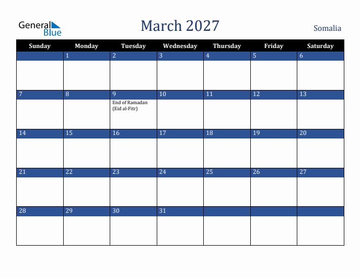 March 2027 Somalia Calendar (Sunday Start)
