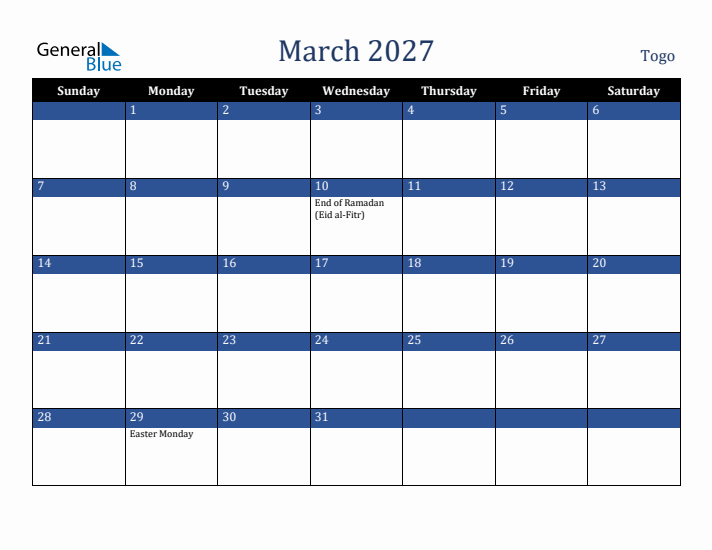 March 2027 Togo Calendar (Sunday Start)