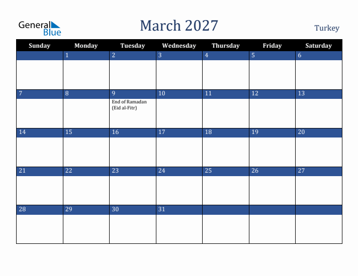 March 2027 Turkey Calendar (Sunday Start)