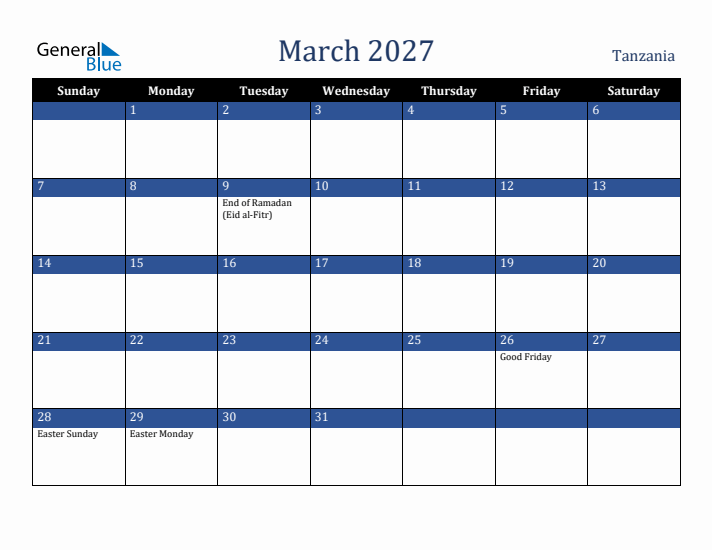 March 2027 Tanzania Calendar (Sunday Start)