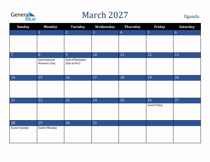March 2027 Uganda Calendar (Sunday Start)