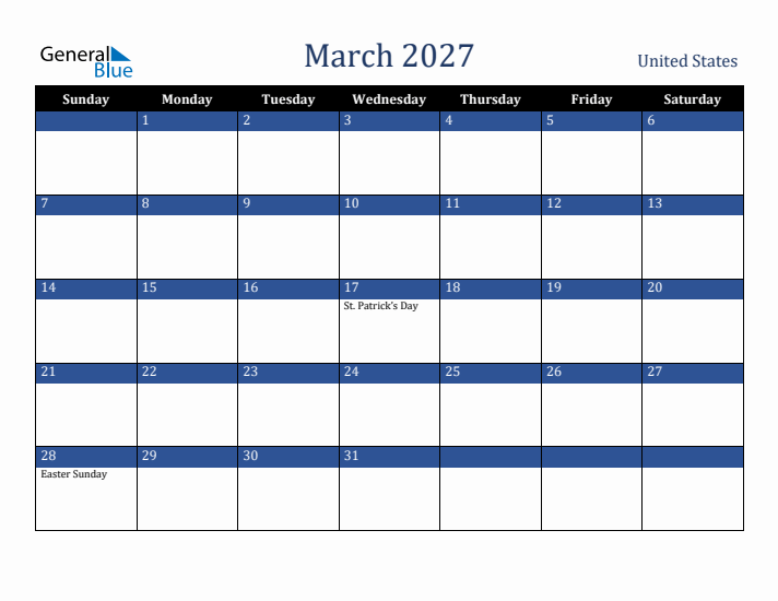 March 2027 United States Calendar (Sunday Start)