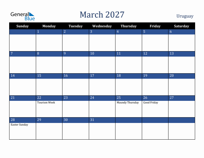 March 2027 Uruguay Calendar (Sunday Start)